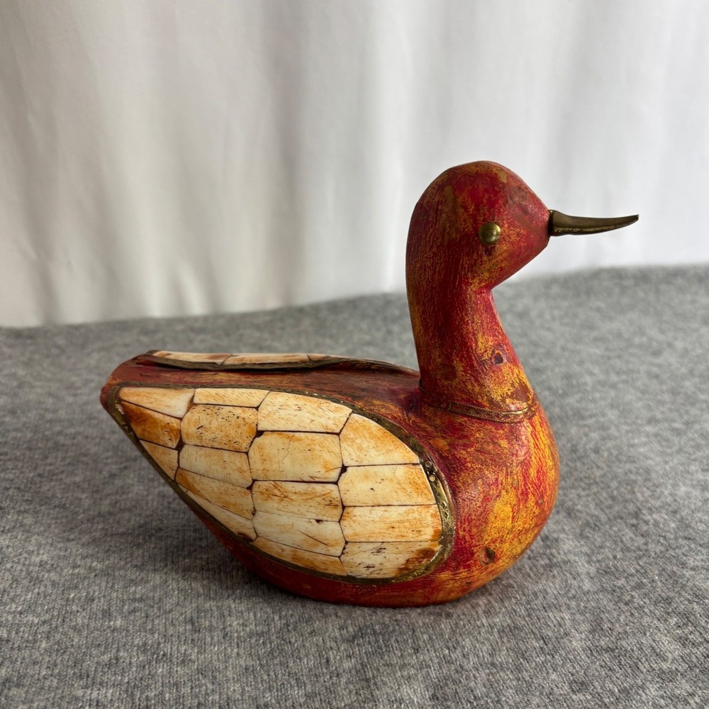Vintage Decorative Duck Figurine Red Wood Bone Inlay Brass Accents Folk Art 8.5"